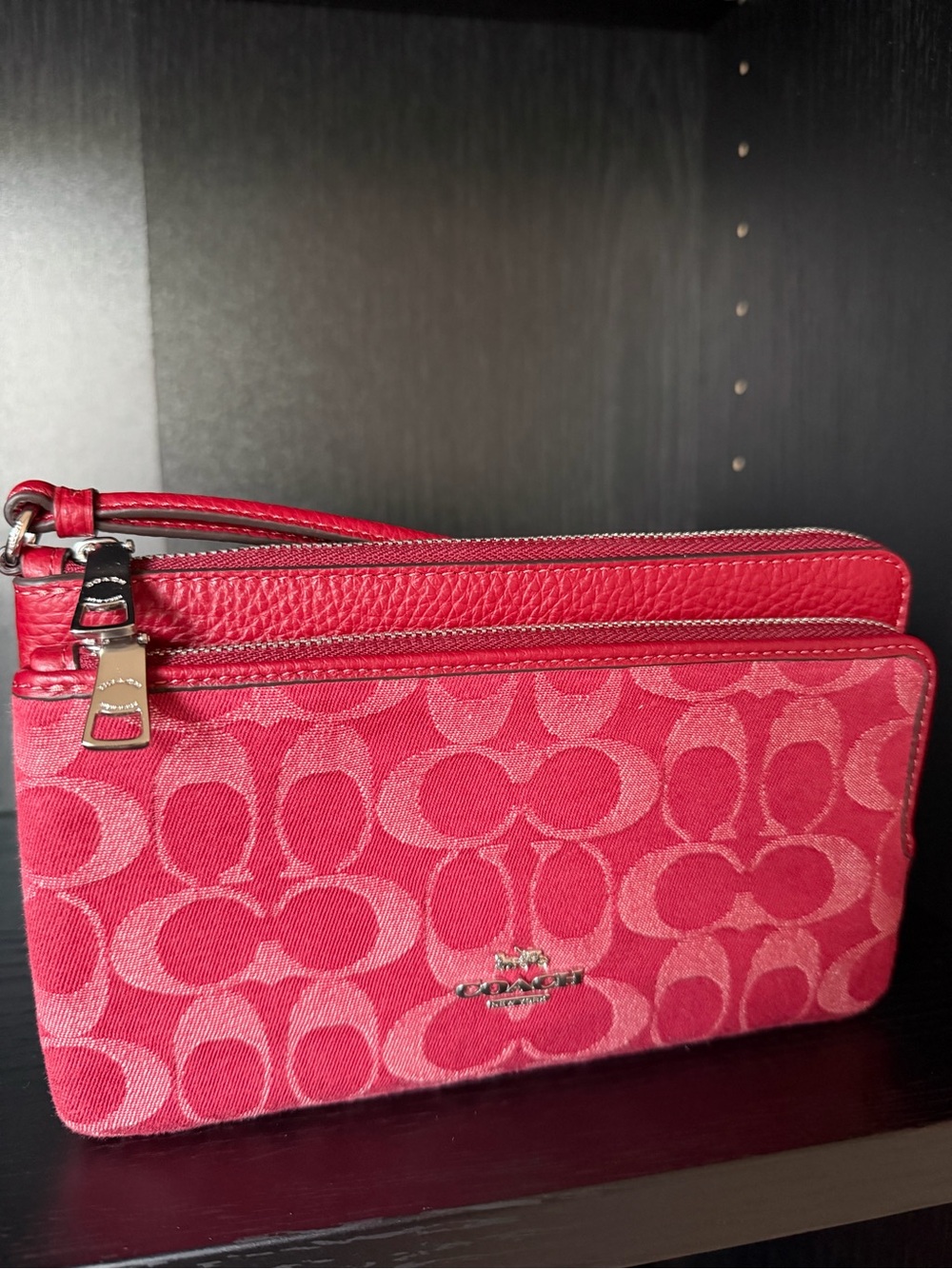 Coach Double Zip Wristlet in Red Signature Denim